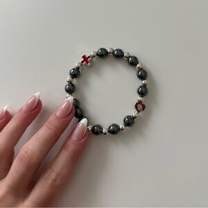 Unisex Silver & Red Beaded Bracelet Christian, Catholic w/ Cross + Jesus Marble